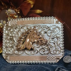 Horse Face Cowboy Belt Buckle Western HebillaSilver & Rosetone 4×3.5 Inch