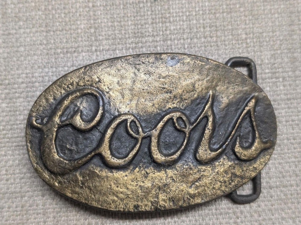 vintage 1970s belt buckle COORS bronze BRASS western BRUTALIST handcrafted FOLK