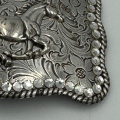Western Horse Belt Buckle Silver Tone Floral Engraved Rhinestone Border Rodeo