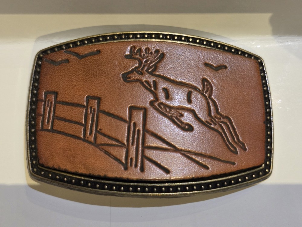 Alumaline Brass And Leather Vintage Belt Buckle Detailed Embossed Jumping Deer