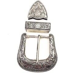 Western Belt Buckle Three Piece Set Antique Brass Floral Design Unisex 1 1/2&Prime;