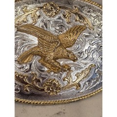 Western Eagle Belt Buckle Two Tone Gold Silver Floral Scroll Rope Border Oval
