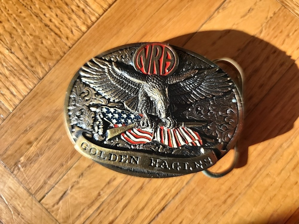 Vtg NRA Golden Eagles Oval Bronze Belt Buckle Flying Eagle Flag Gun Made In USA