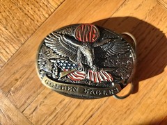 Vtg NRA Golden Eagles Oval Bronze Belt Buckle Flying Eagle Flag Gun Made In USA