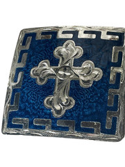 Western Mens Belt Buckle 3.25 x 3 in Southern Cross Cowboy Blue Silver 1.5