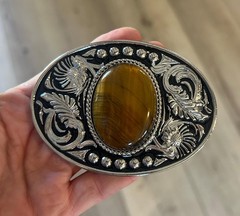 Tigers Eye Belt Buckle Antique Gold Silver Western Cowboy Style Accessory