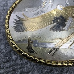 Bald Eagle Mountain Scene Belt Buckle Made in USA Western Gold Trim Wildlife VTG