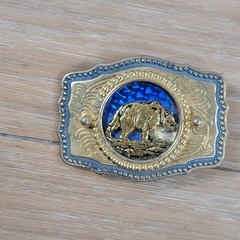 Vintage Grizzly Bear Belt Buckle Gold Tone Blue Prismatic Western Wildlife