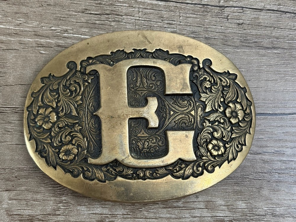 Vintage 1970&rsquo;s Belt Buckle Award Design Medals Letter E Logo Solid Brass