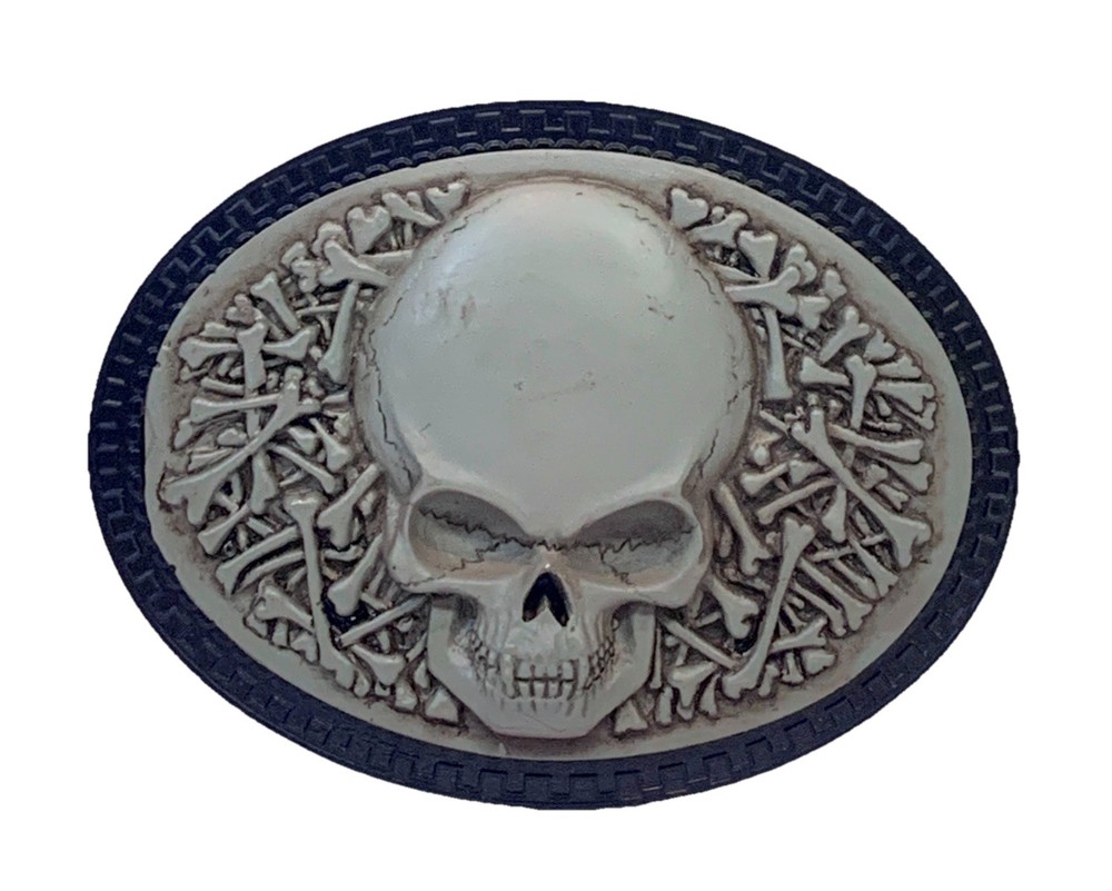 Skull & Bones Gray & Black Belt Buckle Pewter 4”x 3” Fits Up To 1.75” Belt 10