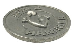 Vintage RJ Roberts Arm & Hammer Pewter Belt Buckle Product Advertising Made USA