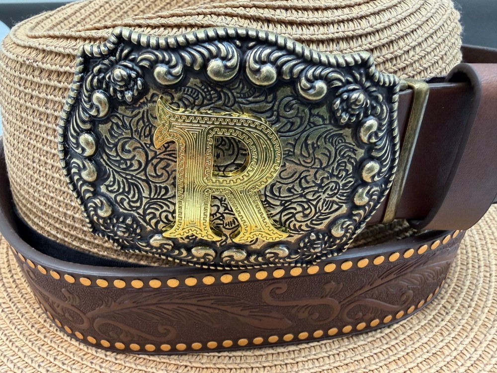 Antiqued Silver Letter Initial R Gold Classic Rectangle Flower Belt Buckle