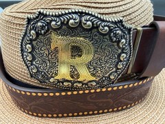 Antiqued Silver Letter Initial R Gold Classic Rectangle Flower Belt Buckle