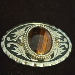 Western oval belt buckle silver/black floral w/ brown stone 1.5 in