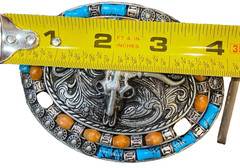 Western Longhorn Skull Belt Buckle Turquoise Coral Style Silver Tone Cowboy 4&Prime;