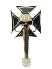 Belt Buckle Skull Guitar with Iron Cross & Diamante Biker Silver Black Classic