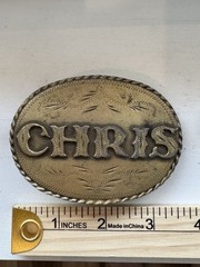 Spec-Cast Vintage CHRIS Oval Western Engraved Cowboy Belt Buckle Gold 1981