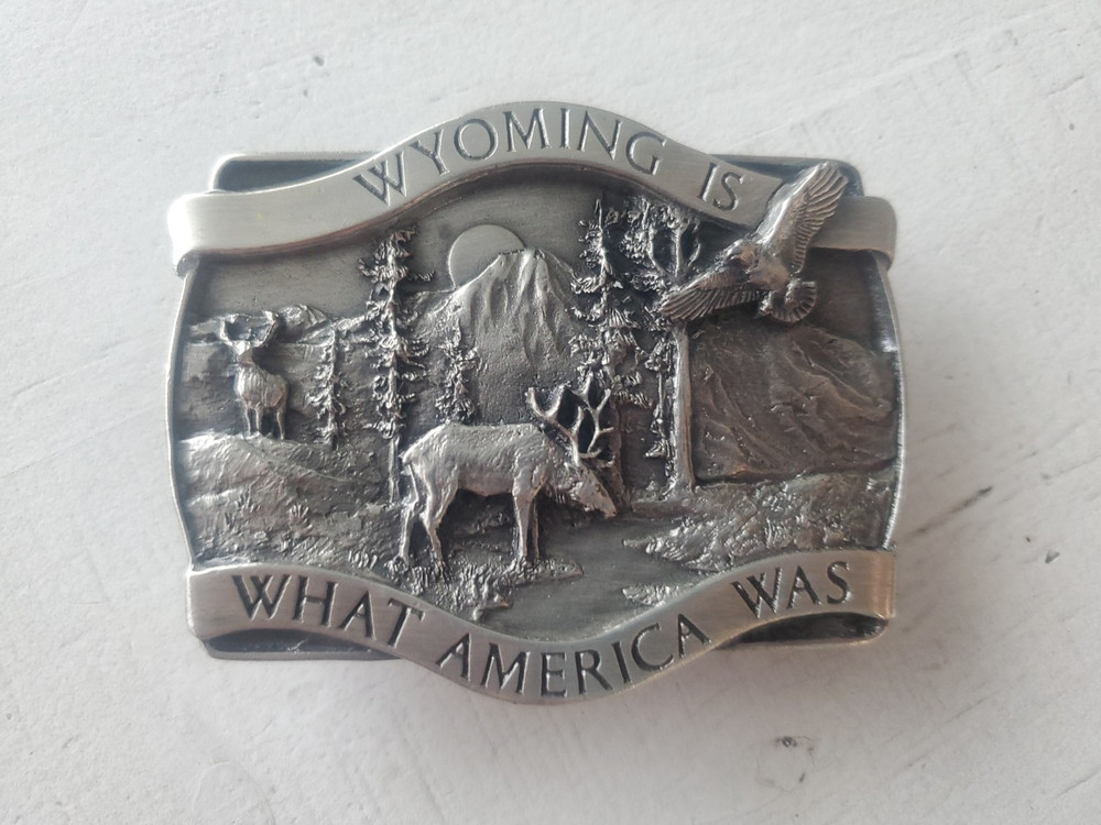 1981 Bergamot Wyoming Is What America Was Belt Buckle Elk Eagle Mountains Nature