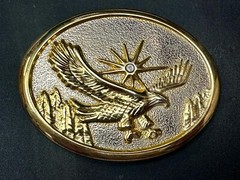 Patriotic American Eagle flying over Mountains w/ starburst Vintage belt buckle
