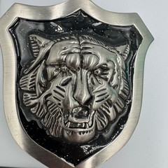 Tiger Head Shield Belt Buckle Silver Tone Black Enamel 3D Relief Mens