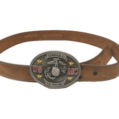 USMC Marine Corps Enameled Belt Buckle And Leather Wrangler Belt 39&Prime;-44&Prime;