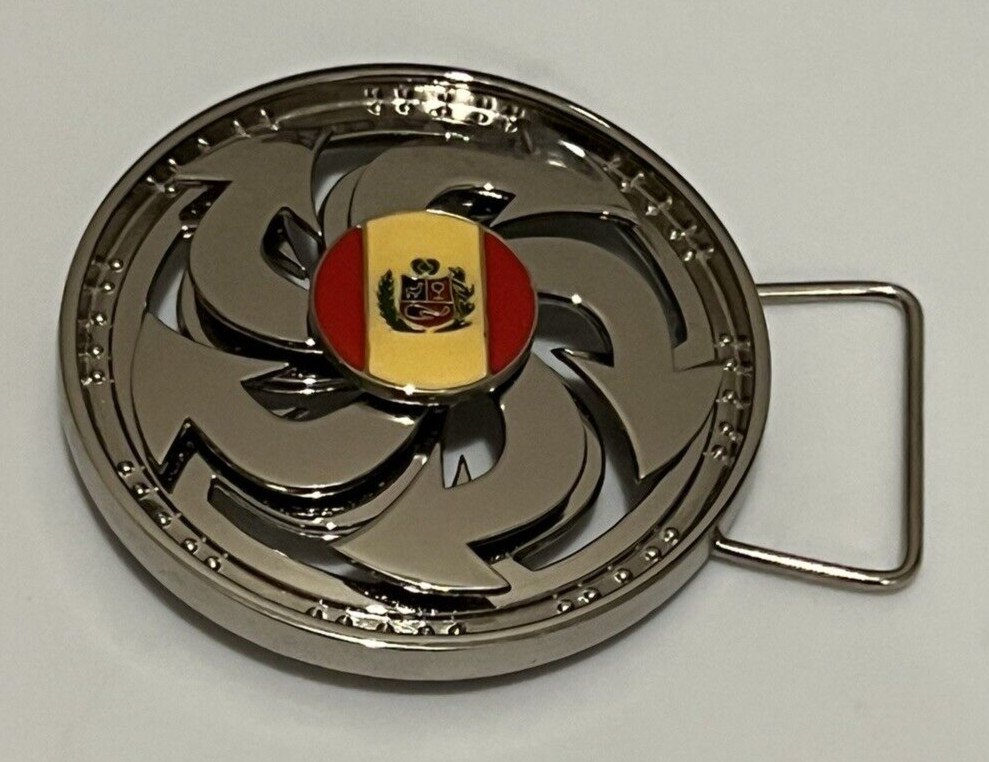 Spinner Belt Buckle Peru Flag Yellow Red Round Center Spinners Silver Bling