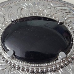 AWESOME Ornate Vintage Silver Buckle with Black Onyx Gem Floral Engraved Retro
