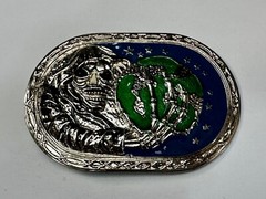 Skull Face Holding The Earth Grim Reaper Silver Green Gothic Biker Belt Buckle