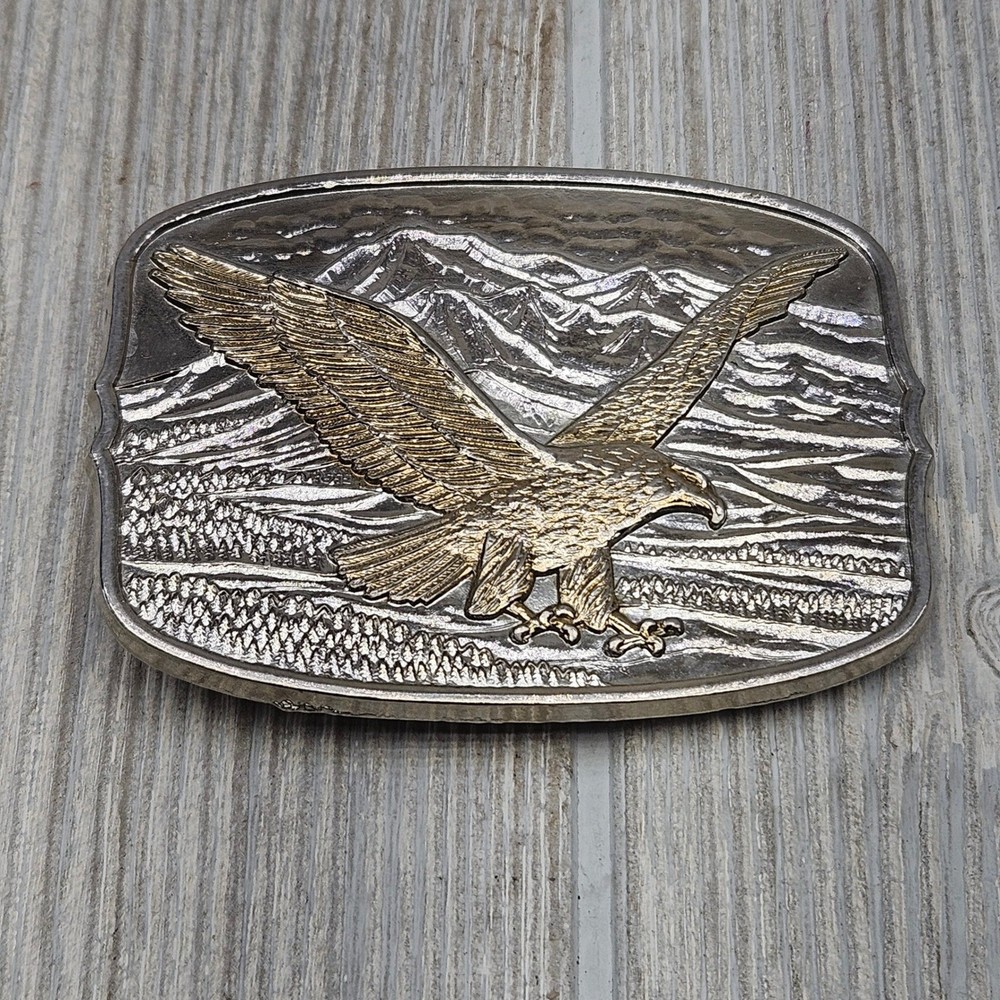 Vintage Two Tone Eagle Mountain Scene Belt Buckle Silver Gold Tone 97388