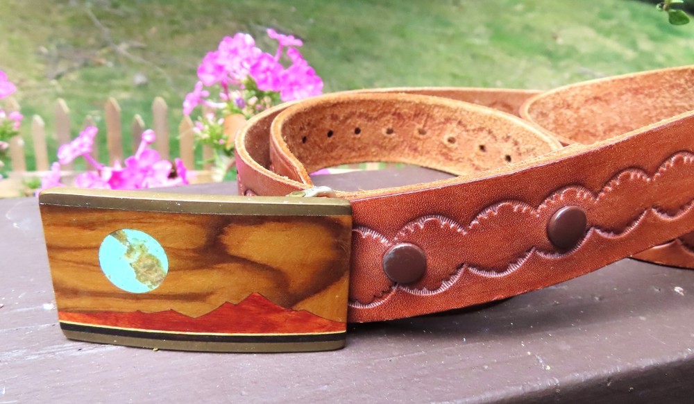 Signed Kenneth Reid Albuquerque NM Wood Turquoise Inlay Belt Buckle Western