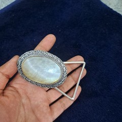Golden Mother of Pearl Belt Buckle – Silver Plated Filigree Setting, Handmade