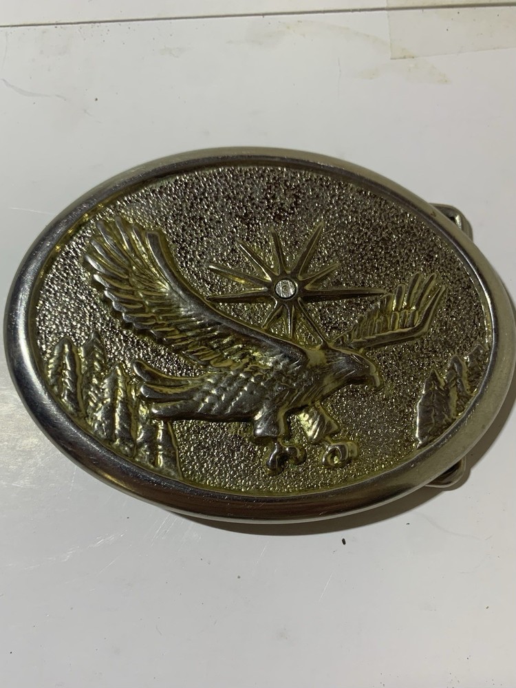 Vintage Silver Gold-Tone Flying Eagle Belt Buckle Metal Jeweled Sun Unbranded