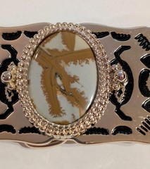 Western Style Belt Buckle Silver Tone Gold Tone Trim Polished Agate Oval Center