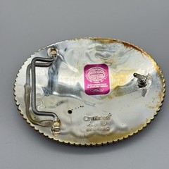 Crumrine Western Belt Buckle Cursive T Ruby Stone Silverplate Over Bronze Buckle