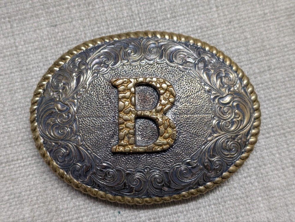 vintage CRUMRINE belt buckle « B » heavy silver plate BRONZE sterling WESTERN