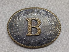 vintage CRUMRINE belt buckle « B » heavy silver plate BRONZE sterling WESTERN