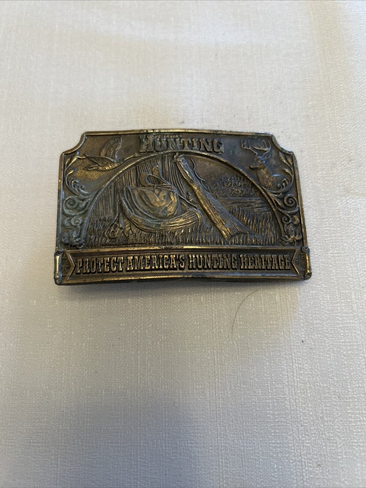 Vintage 1976 Brass Belt Buckle Hunting Protect America’s Hunting Heritage 3.5&Prime; x