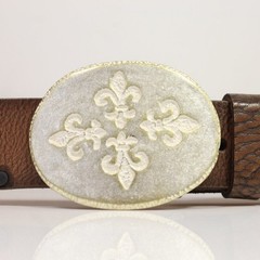 Fleur de Lys Quartet Belt Buckle in Gold Mother of Pearl – Handmade Buckle