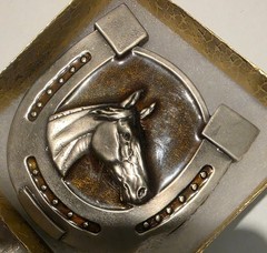 Vintage Metal Belt Buckle, Nice Horsehead and Horseshoe, Enamel, Rodeo, Nice