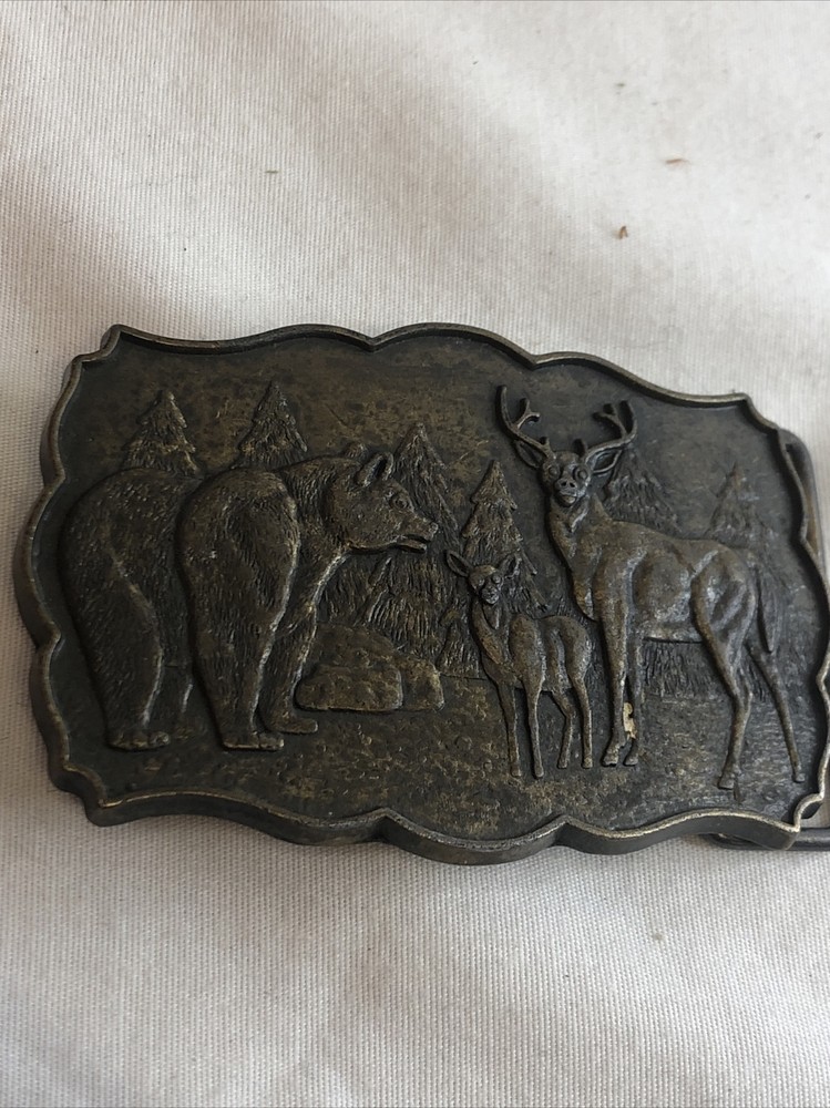 Vintage Bronze Tone RJ Belt Buckle Wilderness Forest Nature BEAR Deer BUCK Rock