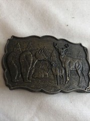 Vintage Bronze Tone RJ Belt Buckle Wilderness Forest Nature BEAR Deer BUCK Rock