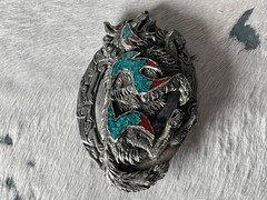 Vintage EJC Belt Buckle 4.25 x 2.75 in Wolf Southwestern Turq 1996 Oval 1.75