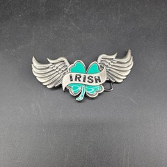 Irish Shamrock Wings Belt Buckle Silver Green Enamel 3.75&Prime; Wide Celtic
