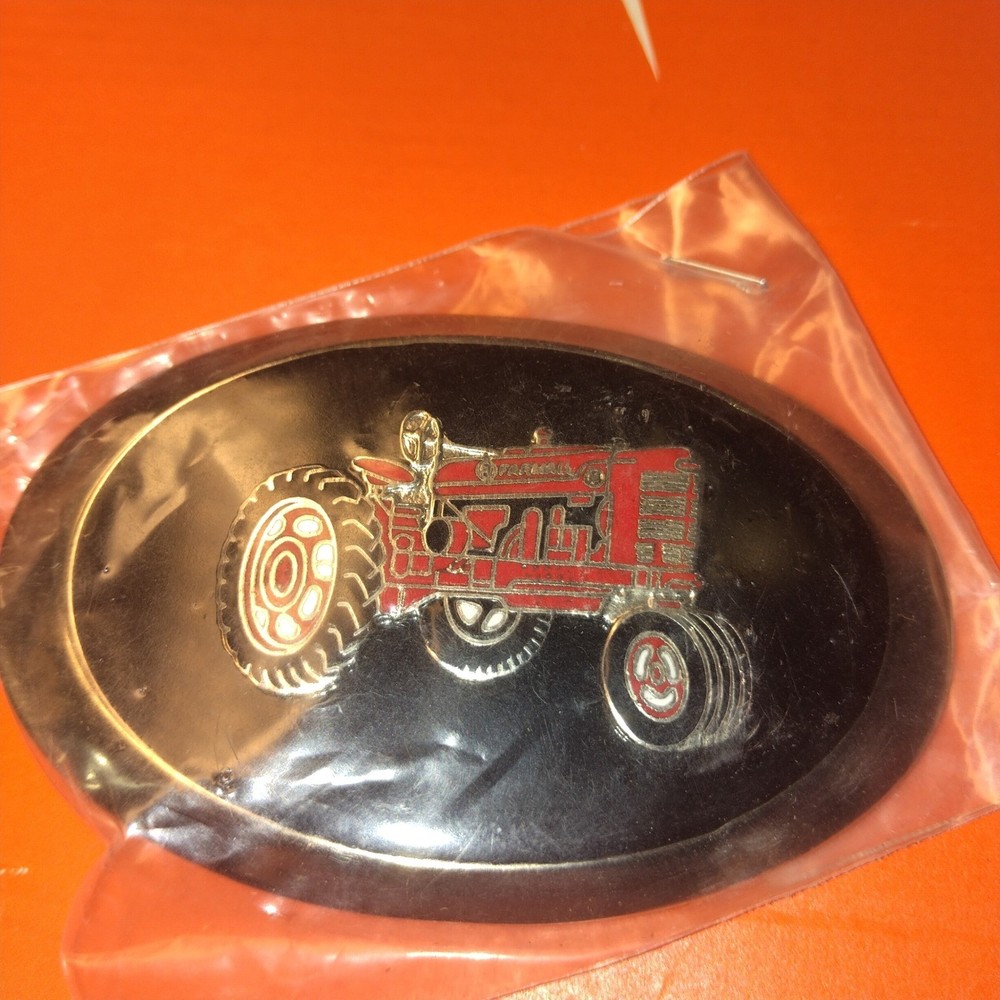 Vintage Farmall Red Tractor Oval Belt Buckle Black Silver Tone Men Accessory