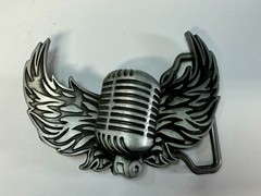 Retro Microphone Flying Mic & Wings Rock Music Silver Color Cutout Belt Buckle