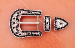 30mm Bling Silver Western Cowboy Black Rhinestone Crystal 3PCS Set Belt Buckle