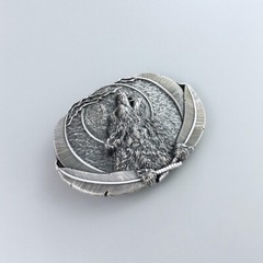 Vintage Silver Plated Western Moon Wolf Oval Belt Buckle Boucle de Ceinture