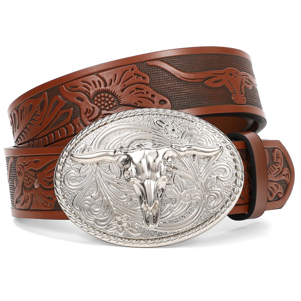XZQTIVE Western Leather fits waist from 33&Prime;-36&Prime;, Brown/Silver Bull Buckle