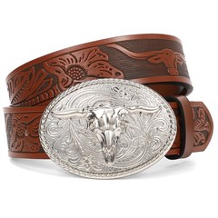 XZQTIVE Western Leather fits waist from 33&Prime;-36&Prime;, Brown/Silver Bull Buckle
