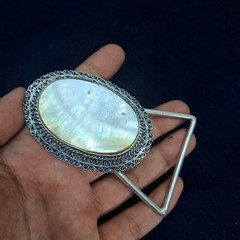 Golden Mother of Pearl Belt Buckle – Silver Plated Filigree Setting, Handmade